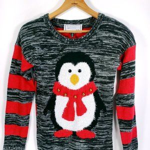 Penguin Christmas Holiday Sweater Junior's Med Stripes Black Gray Derek Heart